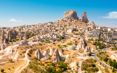 Fototapeta premium Uchisar castle in rock formation. Cappadocia. Nevsehir Province. Turkey