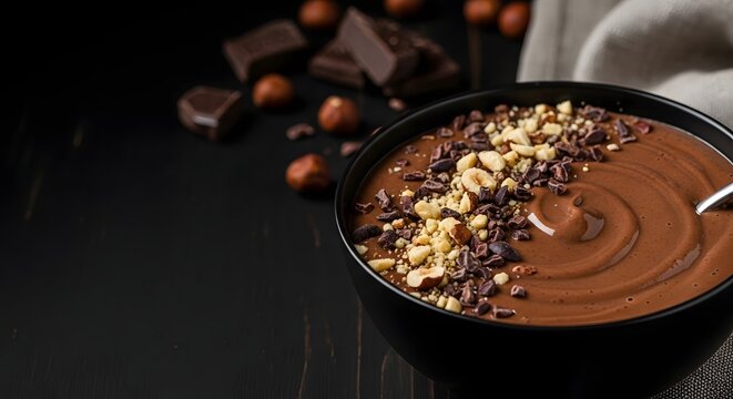 A bowl of rich chocolate pudding topped with chopped nuts and cacao nibs sits on a dark surface