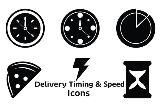 Black and white delivery timing and speed set with clocks pizza lightning and hourglass