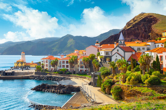 View of the small village of Canical and Marina da Quinta Grande, near Ponta de Sao Lourenco. Madeira Island, Portugal