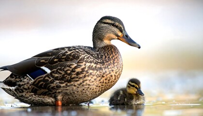 Fototapeta premium Female duck with chick in shallow water, background blurred