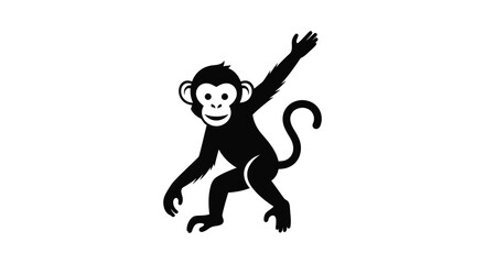 A playful monkey raising its arm depicted in a striking black form against a white background silhouette high quality professional detailed © GDOthoi02