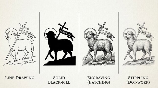 Four distinct artistic styles demonstrating the lamb of god symbol with a cross and banner icon