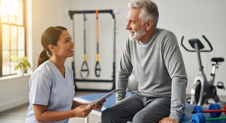 Fototapeta premium Professional Female Physical Therapist Discussing Health Plan with Smiling Senior Male Patient in a Modern Rehabilitation Clinic