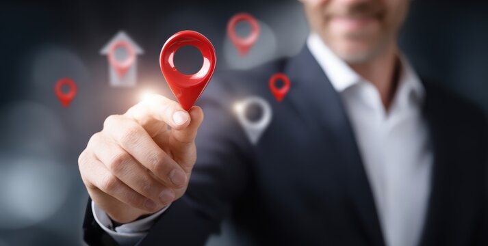 Location in Hand: A professional figure holds a red location pin, surrounded by several location indicators, illustrating the concept of localization.