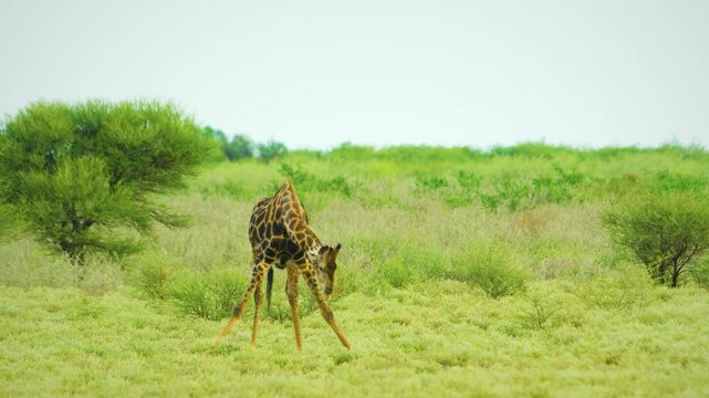 Wide angle shot of a masai giraffe next to trees in tsavo east nationalpark, kenya, africa. 