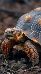 Obraz premium Ancient reptile rests on rocky terrain, showcasing intricate shell patterns and textured skin in a detailed close-up revealing the majestic beauty of a wild tortoise in its natural habitat.
