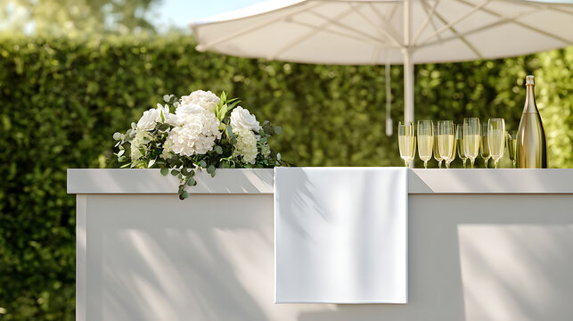 Elegant outdoor bar setup with white florals, champagne glasses, and bottle, perfect for a sunny garden event or luxurious celebration
