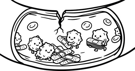 Cute white blood cells repairing artery crack with smiling faces holding adhesive bandages inside blood vessel