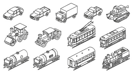 Comprehensive Isometric Outline Set of Diverse Ground Transportation Vehicles and Public Transit Icons © akila