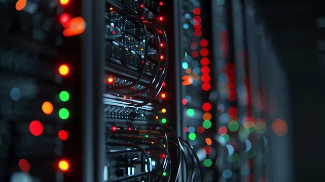 Dark server room with rows of rack mounted servers, glowing network cables, and blinking lights representing high speed connectivity, data storage, and modern information systems