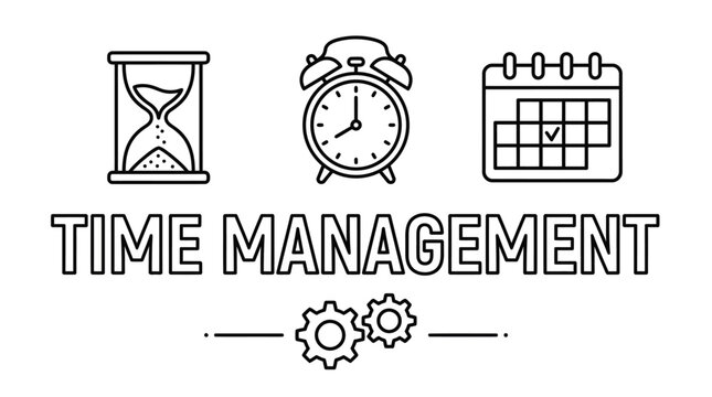 Time management icons hourglass, alarm clock, and calendar with gears