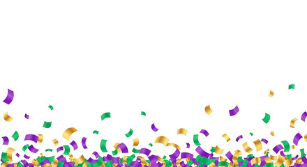 Scattered confetti in purple green and gold colors on white background