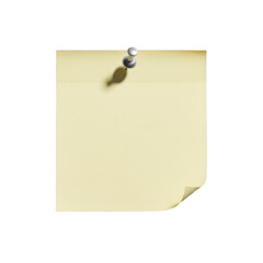 A single square yellow paper sticky note attached with a metallic silver push pin at the top center isolated on transparent background