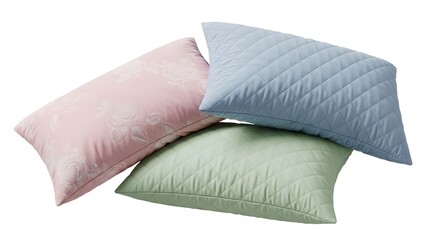 Three colorful pillows stacked on top of each other on transparent background