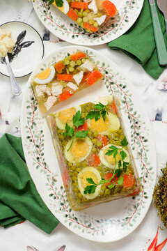 Easter aspic with chicken, eggs, carrots, and peas. A traditional Polish appetizer .top veiw