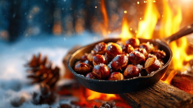 A delicious scene of chestnuts roasting over a crackling fire in a winter setting, showcasing warmth and comfort, perfect for capturing the essence of the holiday season.