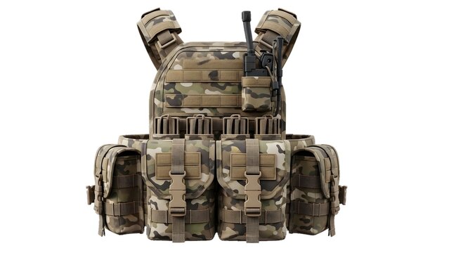 A tactical vest with camouflage design on transparent background