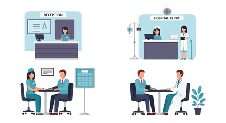A colorful illustration depicts a busy hospital reception and doctor s office scenes with flat design silhouette high quality professional detailed modern