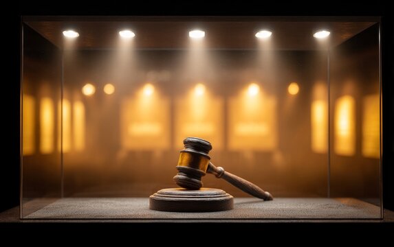 Gavel Displayed Inside Courtroom with Dramatic Lighting