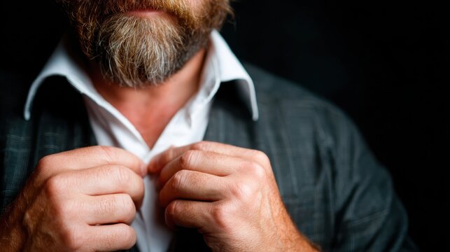 A focused close-up of a man with a beard adjusting his shirt collar, conveying a sense of preparation and confidence in a sophisticated setting.