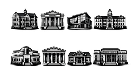 Naklejka premium Black and white vector illustrations of eight historic and modern library buildings