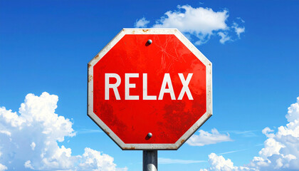 Obraz premium Road sign in the shape of a classic red octagon, but with the word RELAX instead.