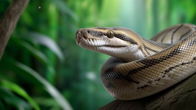Large python snake coiled on tree branch in tropical jungle representing exotic reptile wildlife and natural forest habitat