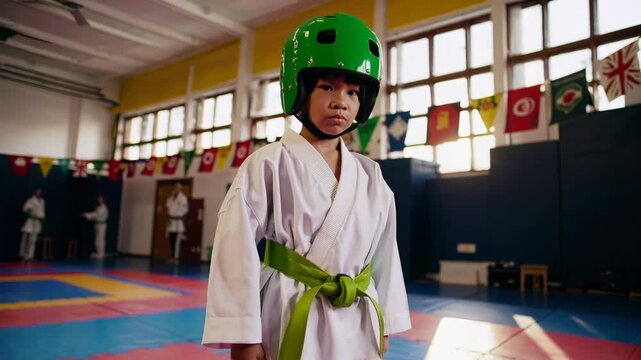 Child in martial training stands ready. Young athlete wears helmet and uniform with green belt. Instructor visible in dojo providing sparring guidance. Image conveys sport discipline and focus now.