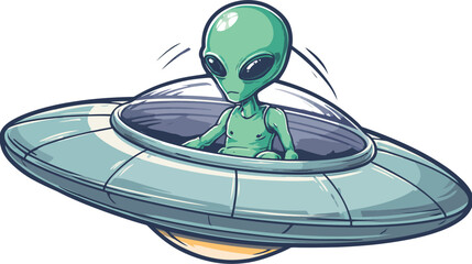 A cartoon depiction of a green alien in a flying saucer, against a white background