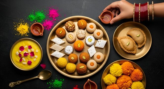 Diwali sweets Gujiya barfi Motichoor Laddu Rasmalai Indian sweet dessert mithai festival dish Dussehra Holi ganesh chaturthi Ram navami Durga puja durga ashtami Navratri Mumbai Kerala India Sri Lanka 
