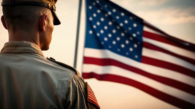 Soldier stands by American flag during sunset in a quiet moment of reflection on duty and service