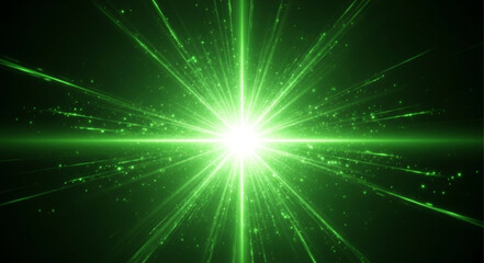 Fototapeta premium Bright Green Laser Beam Exploding Outward in Darkness.