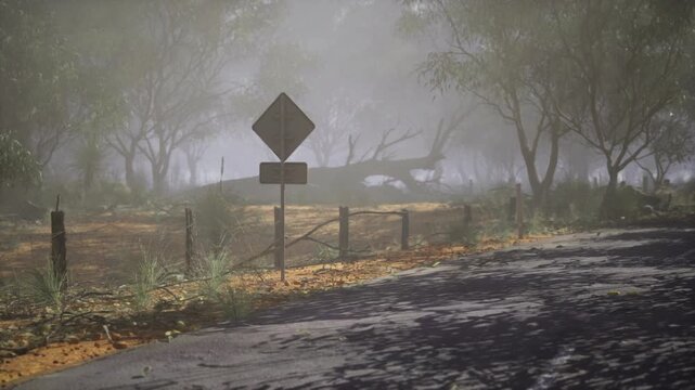 foggy country road with diamond sign and wooden fence, low visibility and damp pavement evoke cautious travel, ideal for commute safety campaigns and moody