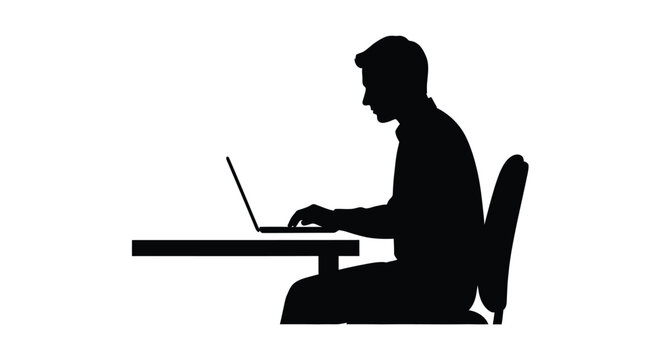 Man working on a laptop at a desk a dark silhouette