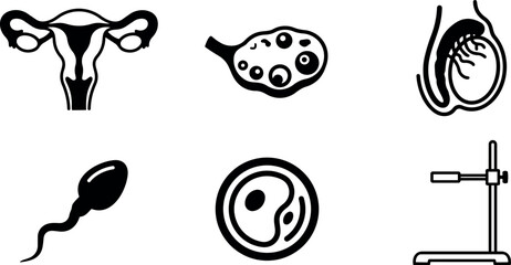 Black and white vector icons of male female reproductive organs sperm egg ovary testis and laboratory stand equipment