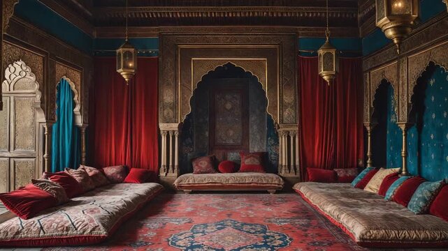 Interior of a traditional Moroccan room with carpets and cushions arranged on the floor