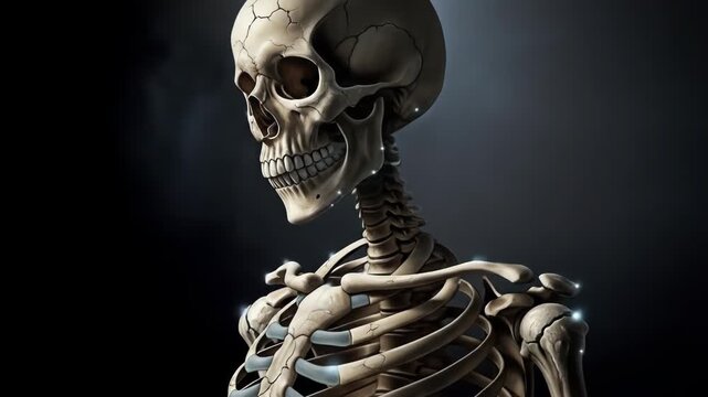 A digitally rendered human skeleton with a radiant glow on its upper body set against a dark background