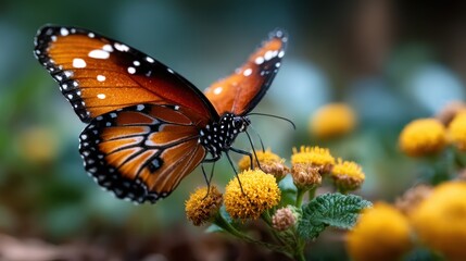 Obraz premium A stunning close-up of a Monarch butterfly perched on bright yellow flowers, showcasing its intricate wings and vibrant colors amidst a lush green background.