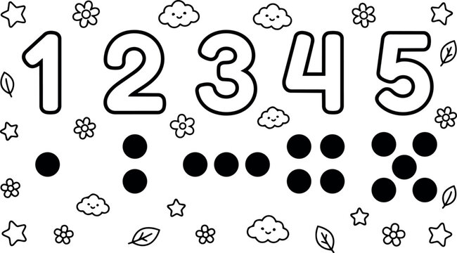 Cute cartoon style black and white numbers one to five with braille and smiling cloud flowers stars leaves vector illustration