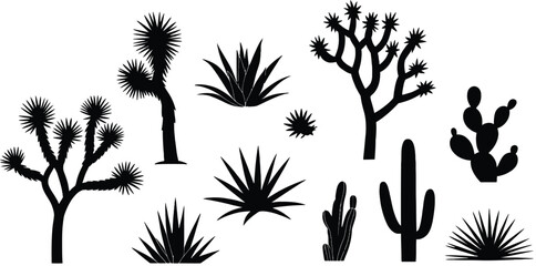 Desert Plants Silhouette Set with Cactus, Agave and Joshua Tree Collection, Botanical Vector Illustration Bundle for Desert Landscape Design, Isolated Nature Graphic Elements Pack © RIOTOO