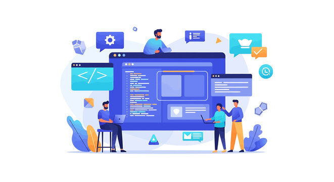 Vibrant Digital Illustration of Collaborative Coding Teamwork in Technology-Focused Workspace with Communication Icons and Productivity Symbols