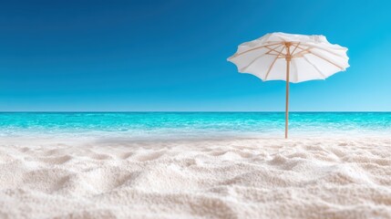 A tranquil beach scene featuring a single white umbrella against the turquoise water, conveying relaxation, peace, and the simple pleasures of seaside life.