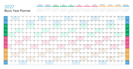 2027 colorful big block wall planner or calendar. Vector design.