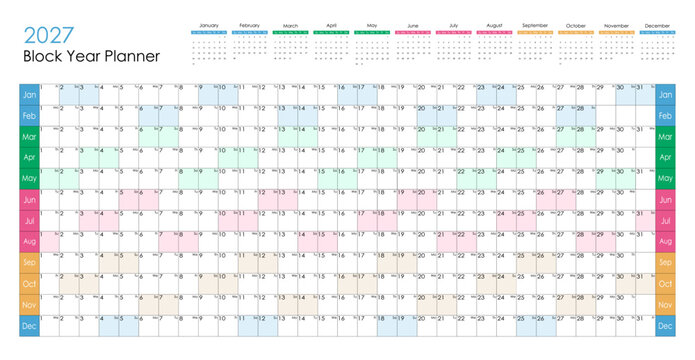 2027 colorful big block wall planner or calendar. Vector design.