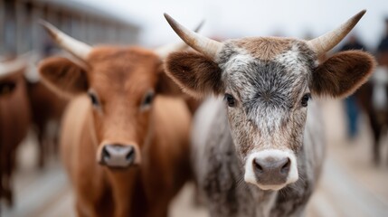 A captivating close-up of cows standing together, showcasing their gentle nature and curiosity, symbolizing rural life, agricultural resources, and the bond between humans and animals.