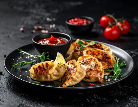 Fried dumplings on a dark plate with sauce