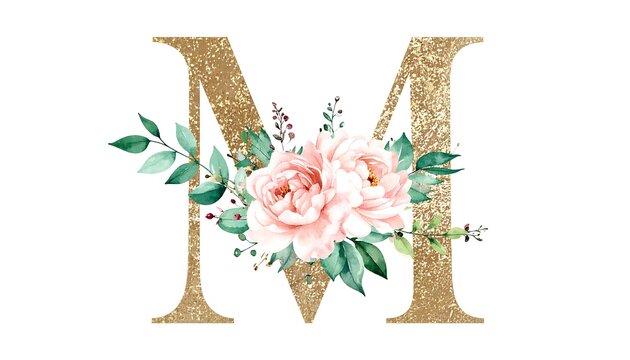 Gold letter M adorned with pastel pink blooms & green leaves against a white background