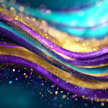 Glitter Teal Violet Golden Wave Stripes Design. Sparkle Motion Lines with bokeh effect background