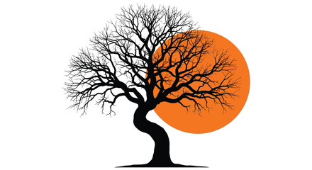 A stark black tree with intricate branches stands before a vibrant orange sun creating a dramatic silhouette high quality professional detailed © GDOthoi02